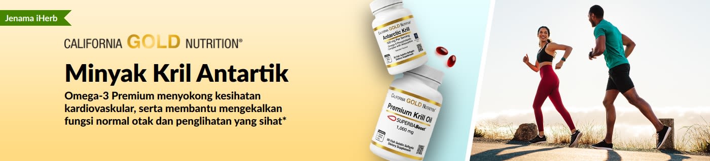 Sepanduk mempromosi Minyak Kril Antartik California Gold Nutrition premium sokongan omega-3 untuk jantung, otak, dan kesihatan mata.