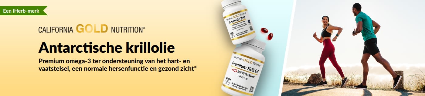 Banner van California Gold Nutrition met Antarctische krillolie die hoogwaardige omega-3-vetzuren promoot ter ondersteuning van de gezondheid van hart, hersenen en ogen.