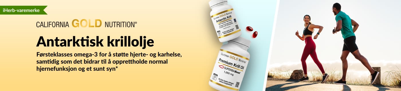 California Gold Nutrition Antarctic Krill Oil-banner som promoterer førsteklasses omega-3-støtte for hjerte-, hjerne- og øyehelse.