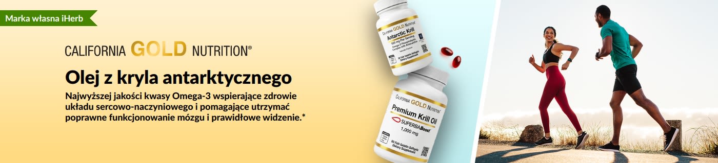 Baner oleju z kryla antarktycznego California Gold Nutrition promujący najwyższej jakości wsparcie omega-3 dla zdrowia serca, mózgu i oczu.