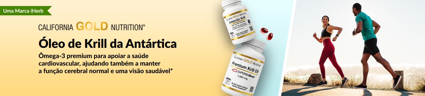 Banner da California Gold Nutrition Antarctic Krill Oil promovendo suporte premium de ômega-3 para a saúde do coração, cérebro e olhos.