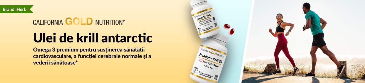Banner cu ulei de krill antarctic California Gold Nutrition ce promovează omega 3 premium pentru inimă, creier și ochi.