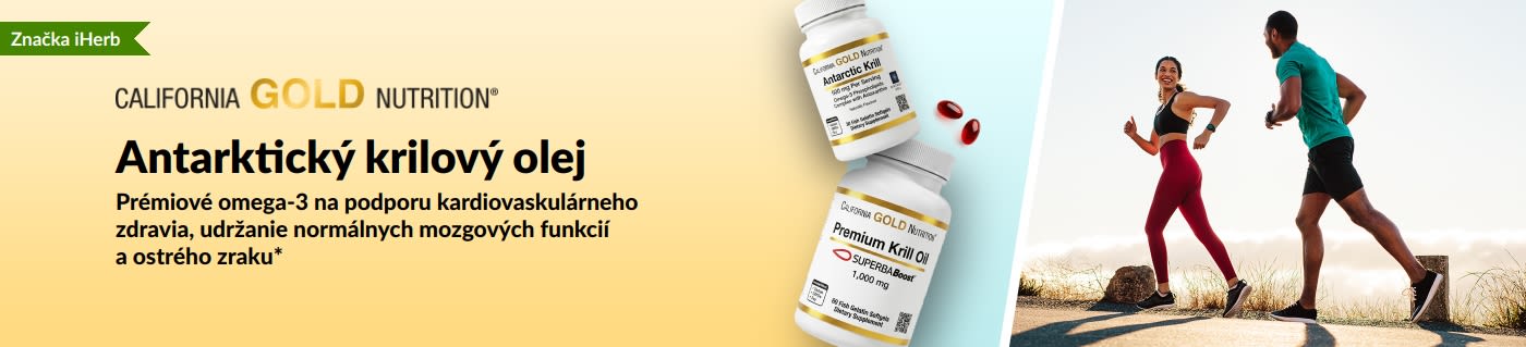 Baner pre antarktický krilový olej od California Gold Nutrition propagujúci prémiové omega-3 pre srdce, mozog a zrak.