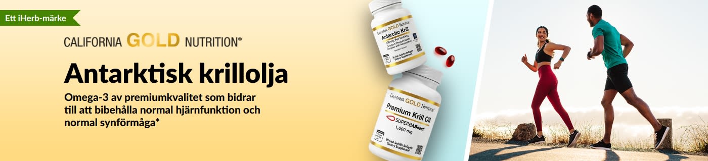 Banner för California Gold Nutrition Antarktisk krillolja som marknadsför omega-3 av hög kvalitet för hjärtat, hjärnan och ögonhälsan.