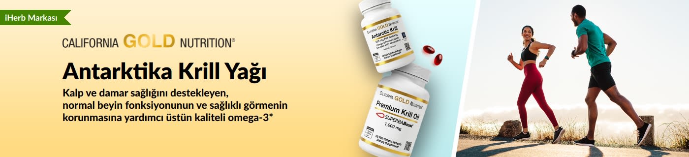 Kalp, beyin ve göz sağlığına yönelik üstün kaliteli omega-3 desteğini tanıtan California Gold Nutrition Antarktika Krill Yağı bannerı.