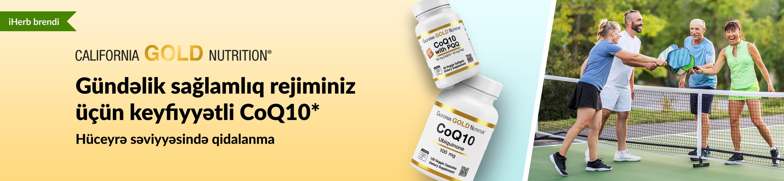 Məhsul qablaşdırmaları və piklbol oynayan fəal insanların əks olunduğu, sağlamlıq üçün California Gold Nutrition CoQ10 qida əlavələri