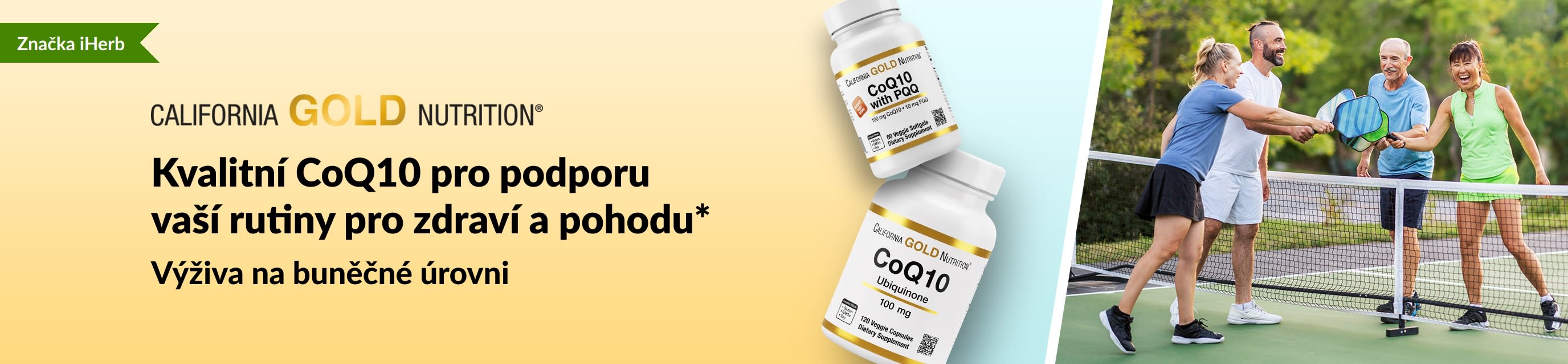Doplňky stravy California Gold Nutrition CoQ10 pro zdraví a pohodu s baleními produktů a aktivními lidmi hrajícími pickleball.