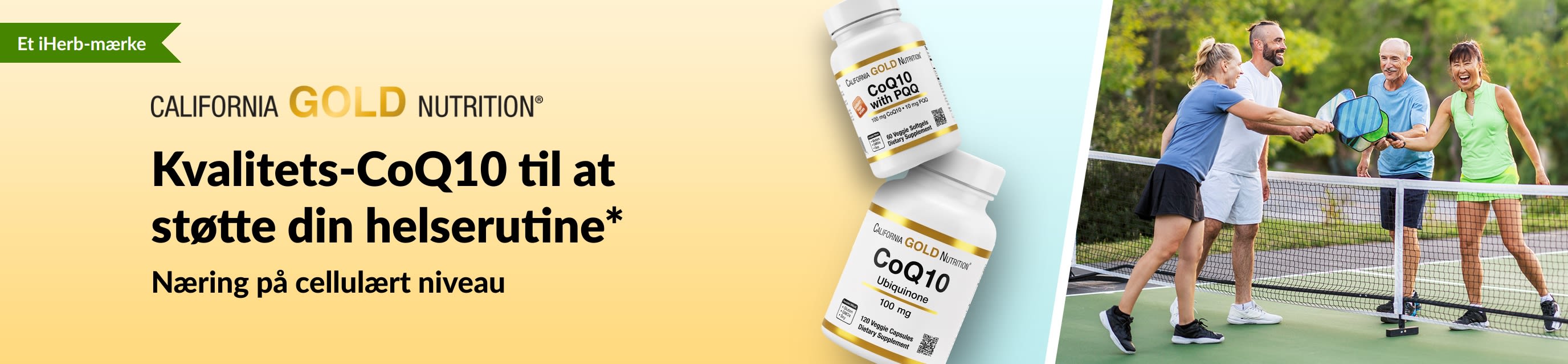 Banner med California Gold Nutrition CoQ10-kosttilskud til velvære, der viser produktflasker og aktive voksne, der spiller pickleball.