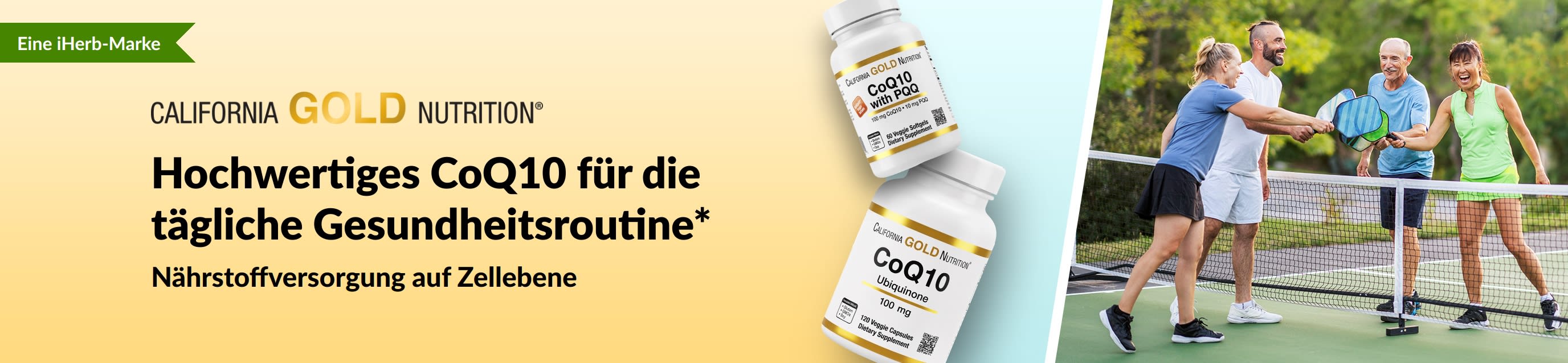 California Gold Nutrition CoQ10-Nahrungsergänzungsmittel für die Gesundheit, mit Produktflaschen und aktiven Erwachsenen beim Pickleball.