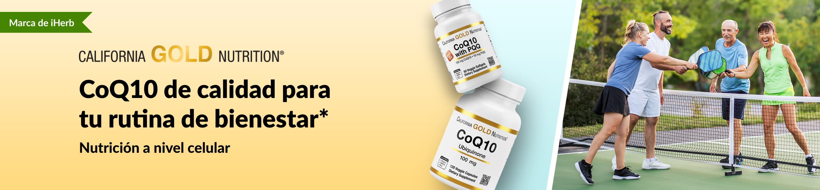 Suplemento de California Gold Nutrition de CoQ10 para bienestar, mostrando botes del producto y adultos jugando a pickleball.