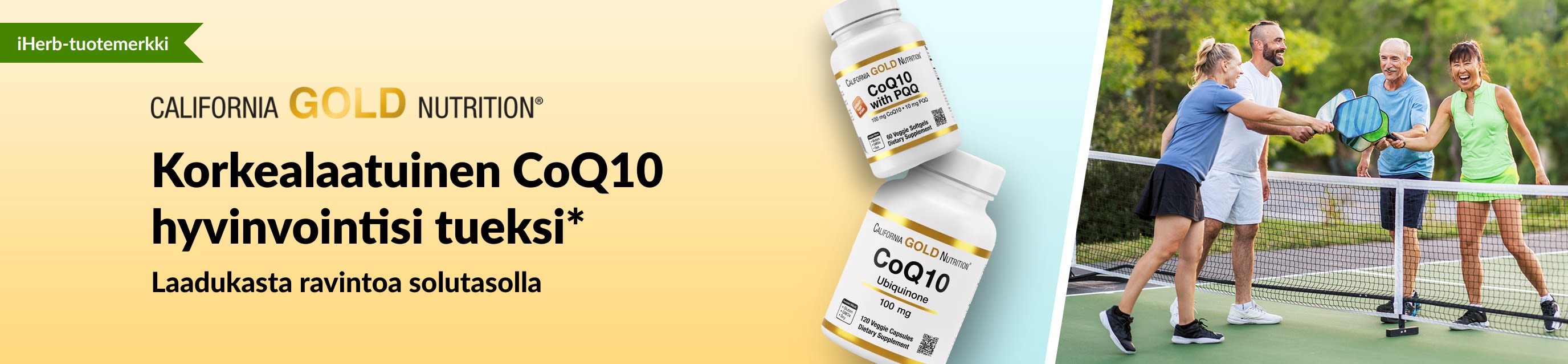 California Gold Nutrition CoQ10 -ravintolisät hyvinvointiin. Kuvassa tuotepurkkeja ja pickleballia pelaavia aikuisia.