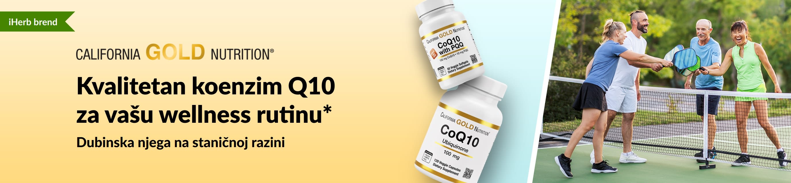 California Gold Nutrition CoQ10 supplements for wellness, showing product bottles and active adults playing pickleball.