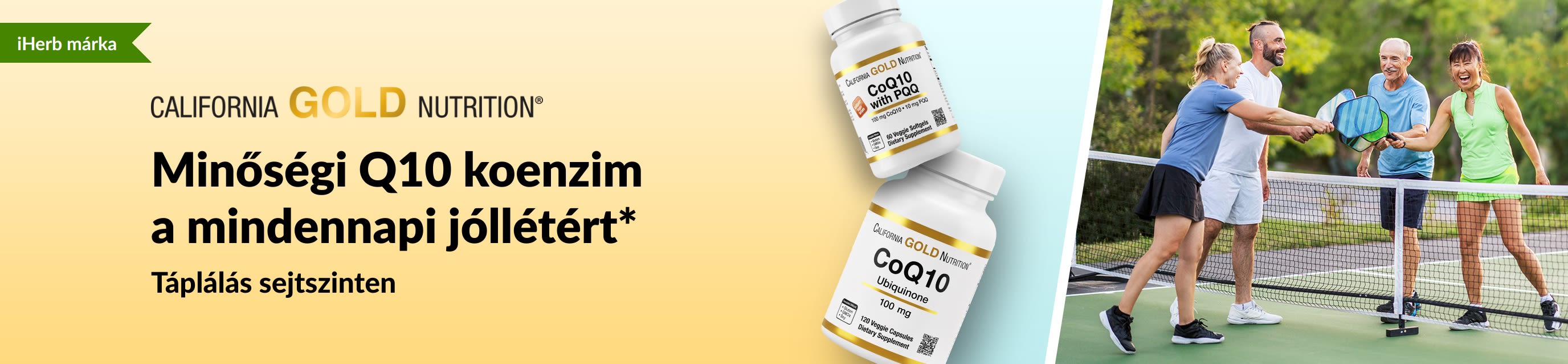California Gold Nutrition Q10 koenzimes étrend-kiegészítők a mindennapi jóllét támogatására: a képen termékek és pickleballozó, aktív felnőttek láthatók.