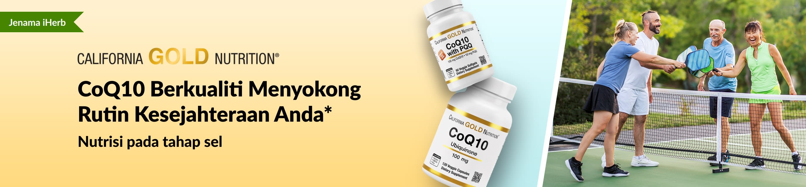 Suplemen California Gold Nutrition CoQ10 untuk kesejahteraan menunjukkan botol produk. dan beberapa individu dewasa aktif bermain pickleball.