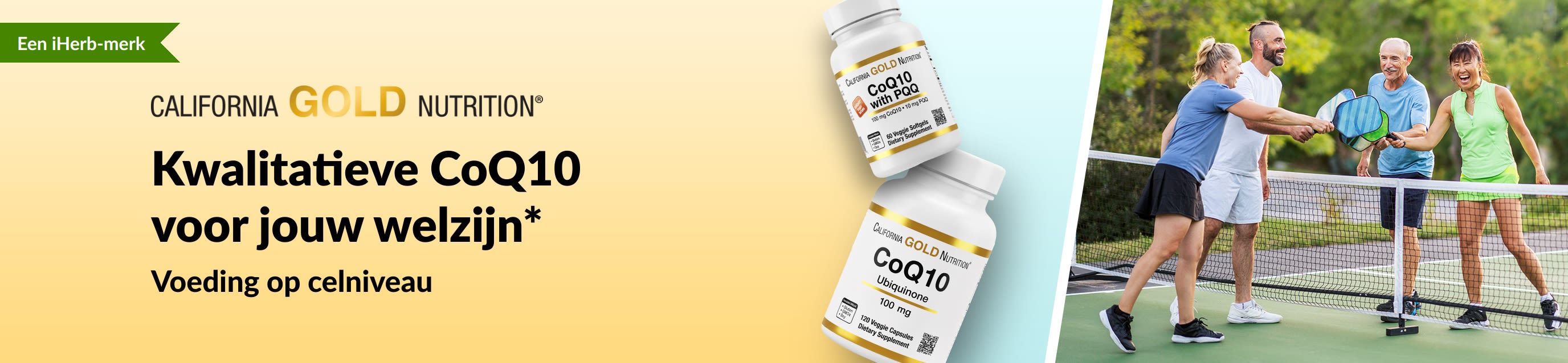 California Gold Nutrition CoQ10-supplementen voor welzijn, met productflessen en actieve volwassenen die pickleball spelen.