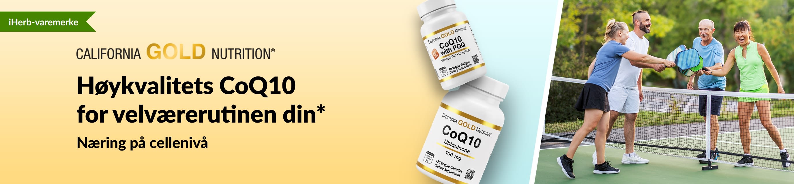 California Gold Nutrition CoQ10-tilskudd for velvære, viser produktflasker og aktive voksne som spiller pickleball.