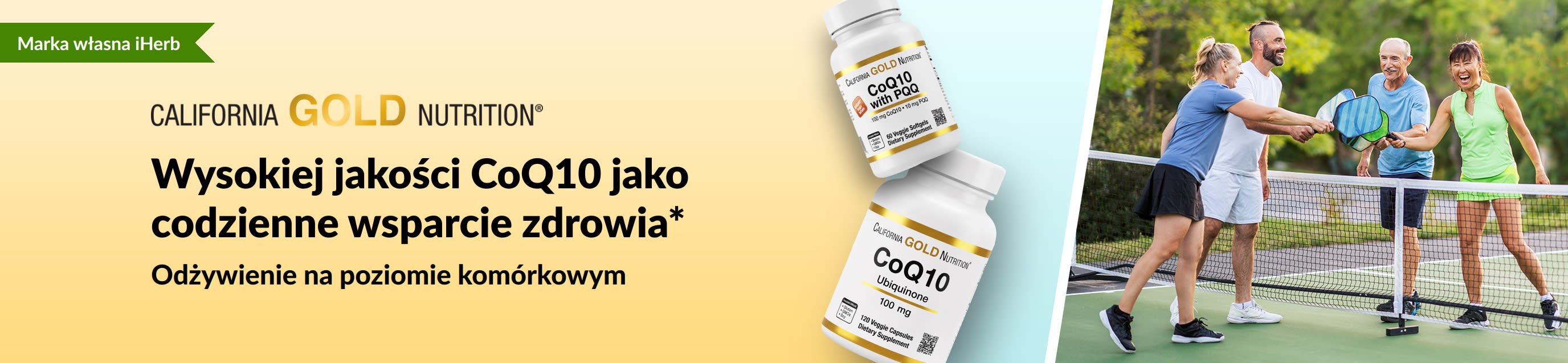 Suplementy CoQ10 od California Gold Nutrition wspierające dobre samopoczucie, przedstawiające butelki z produktami oraz aktywnych dorosłych grających w pickleball.