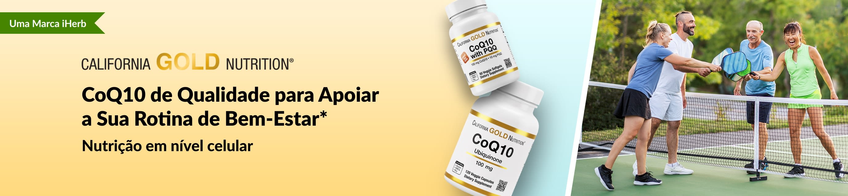 Suplementos de CoQ10 da California Gold Nutrition para o bem-estar, mostrando os frascos do produto e adultos ativos jogando pickleball.