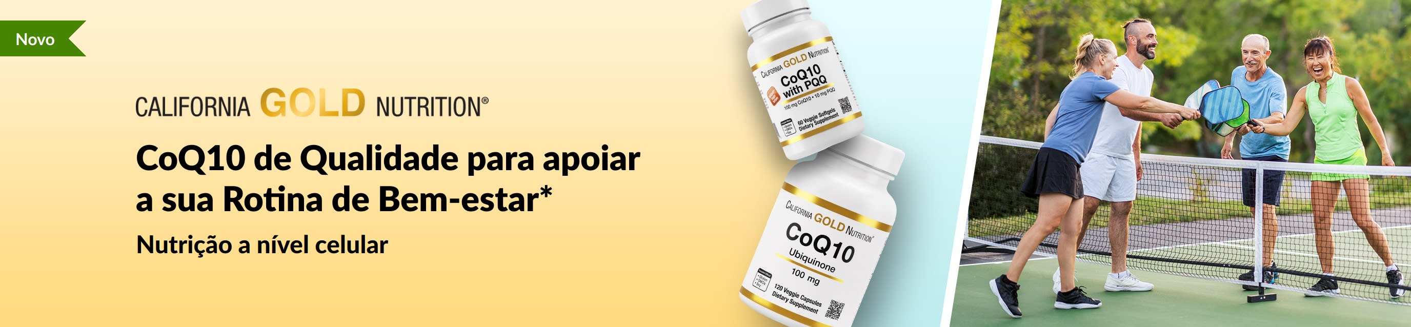 Suplementos da California Gold Nutrition CoQ10 para o bem-estar, a mostrar produtos em frascos e adultos a jogar pickleball.