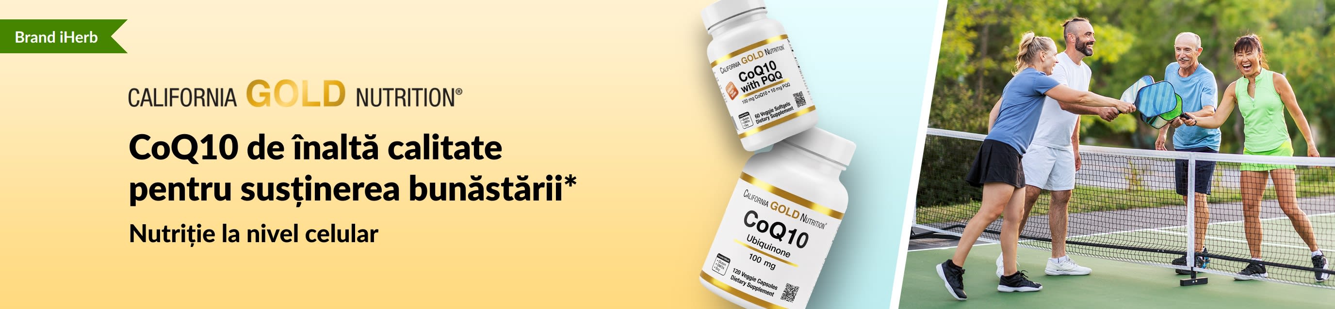 Suplimente California Gold Nutrition cu CoQ10 pentru wellness, cu produse și adulți activi jucând pickleball.