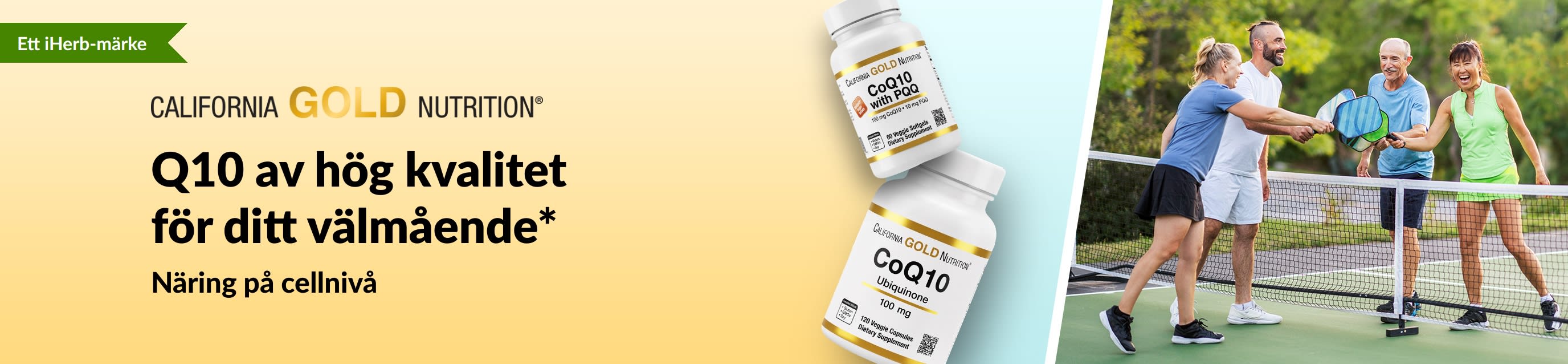 California Gold Nutrition CoQ10 supplements for wellness, showing product bottles and active adults playing pickleball.