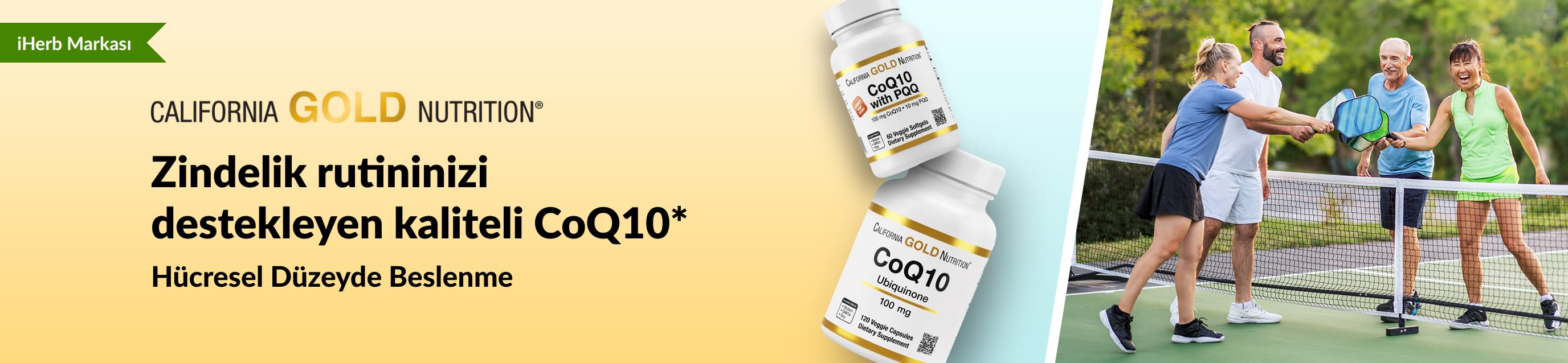 Ürün şişeleri ve pickleball oynayan aktif yetişkinlerin yer aldığı California Gold Nutrition CoQ10 zindelik takviyeleri.