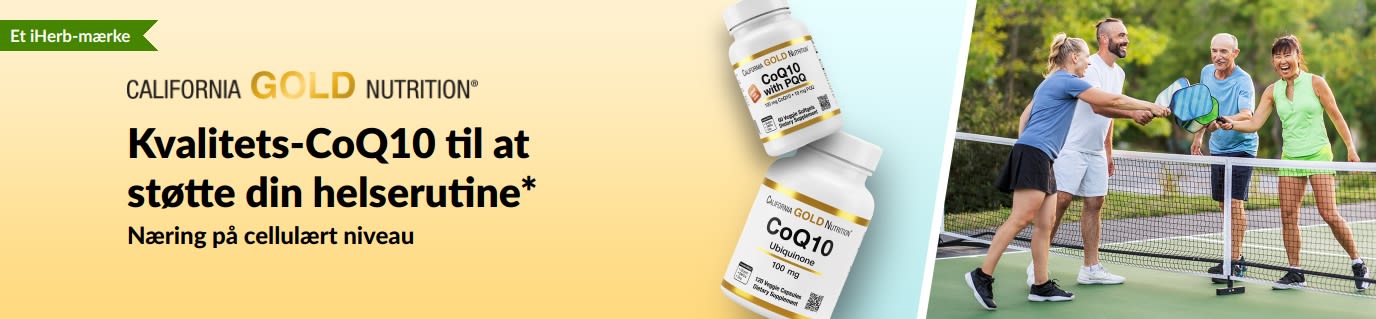 Banner med California Gold Nutrition CoQ10-kosttilskud til velvære, der viser produktflasker og aktive voksne, der spiller pickleball.