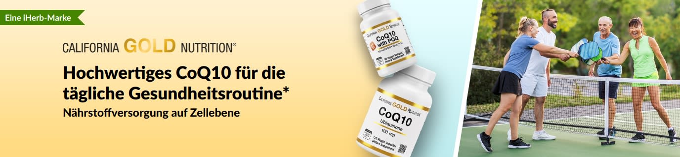 California Gold Nutrition CoQ10-Nahrungsergänzungsmittel für die Gesundheit, mit Produktflaschen und aktiven Erwachsenen beim Pickleball.
