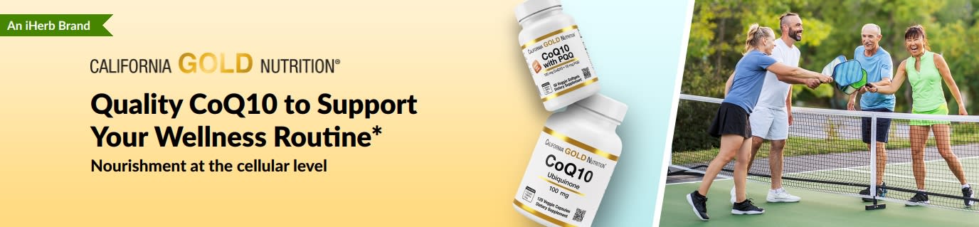 California Gold Nutrition CoQ10 supplements for wellness, showing product bottles and active adults playing pickleball.