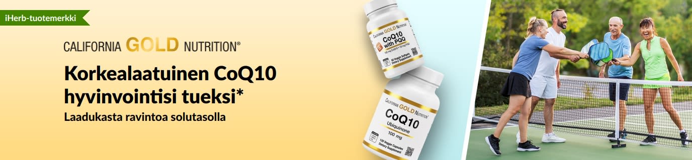 California Gold Nutrition CoQ10 -ravintolisät hyvinvointiin. Kuvassa tuotepurkkeja ja pickleballia pelaavia aikuisia.