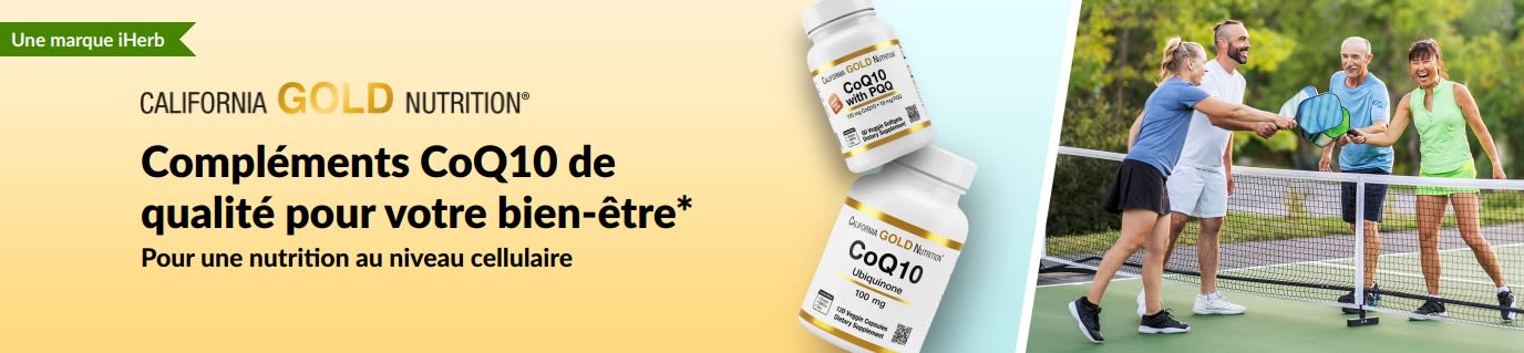 Compléments de CoQ10 California Gold Nutrition pour le bien-être, avec produits et adultes actifs jouant au pickleball.