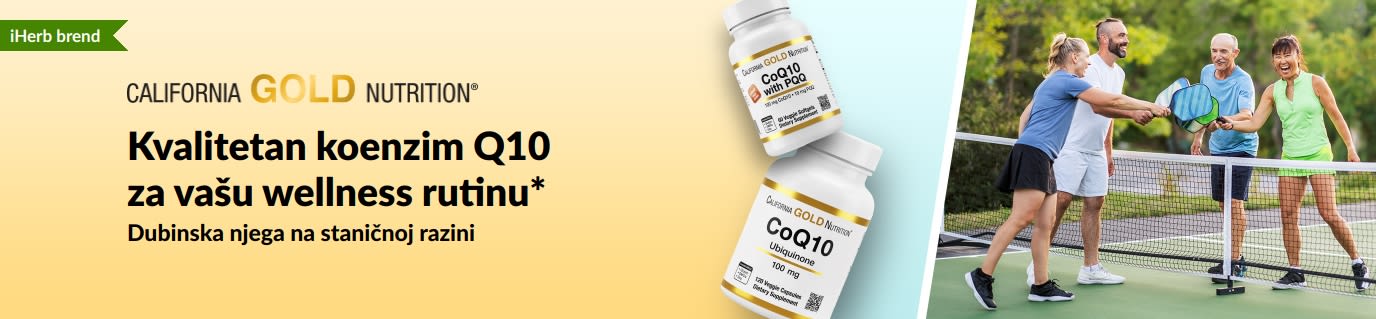 Dodaci prehrani California Gold Nutrition koenzim Q10 za zdravlje i wellness, s prikazom bočice proizvoda i aktivnih odraslih osoba koje igraju piklbol.