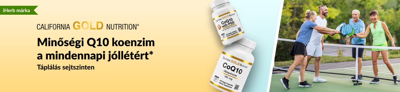 California Gold Nutrition Q10 koenzimes étrend-kiegészítők a mindennapi jóllét támogatására: a képen termékek és pickleballozó, aktív felnőttek láthatók.