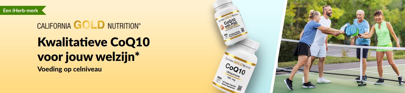 California Gold Nutrition CoQ10-supplementen voor welzijn, met productflessen en actieve volwassenen die pickleball spelen.