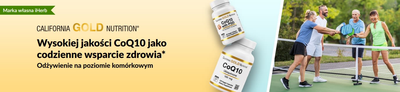 Suplementy CoQ10 od California Gold Nutrition wspierające dobre samopoczucie, przedstawiające butelki z produktami oraz aktywnych dorosłych grających w pickleball.