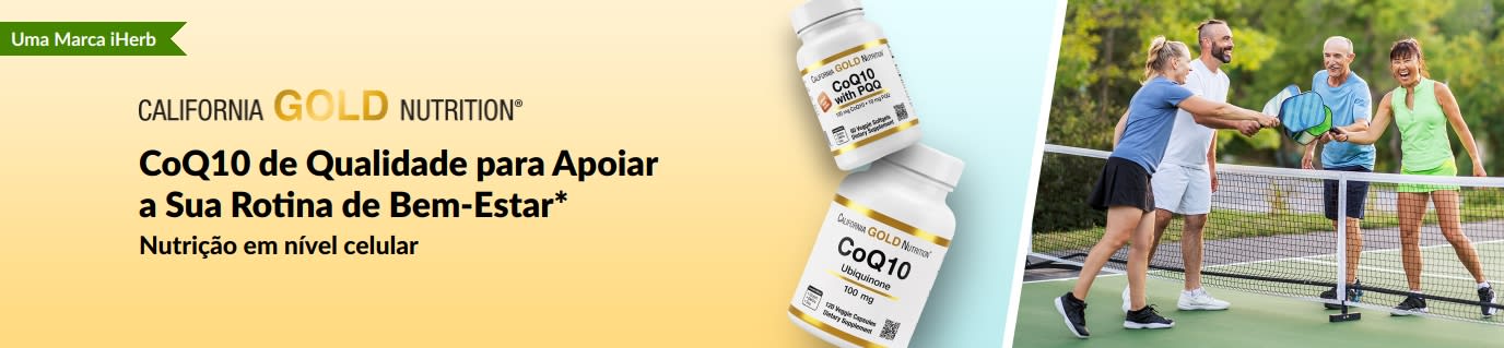 Suplementos de CoQ10 da California Gold Nutrition para o bem-estar, mostrando os frascos do produto e adultos ativos jogando pickleball.