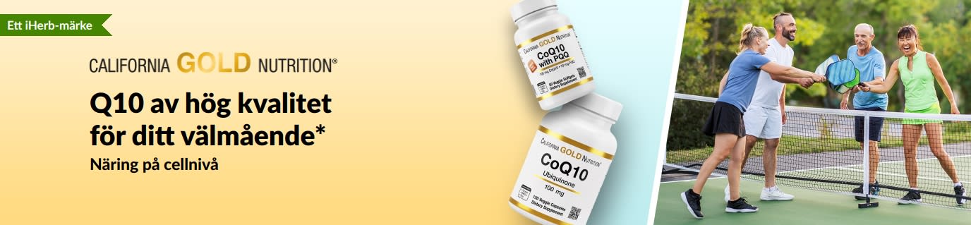 California Gold Nutrition Q10-tillskott för välmående, med produktförpackningar och aktiva vuxna som spelar pickleball.