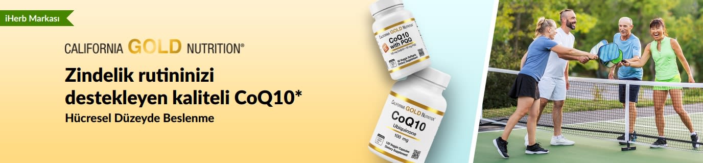 Ürün şişeleri ve pickleball oynayan aktif yetişkinlerin yer aldığı California Gold Nutrition CoQ10 zindelik takviyeleri.