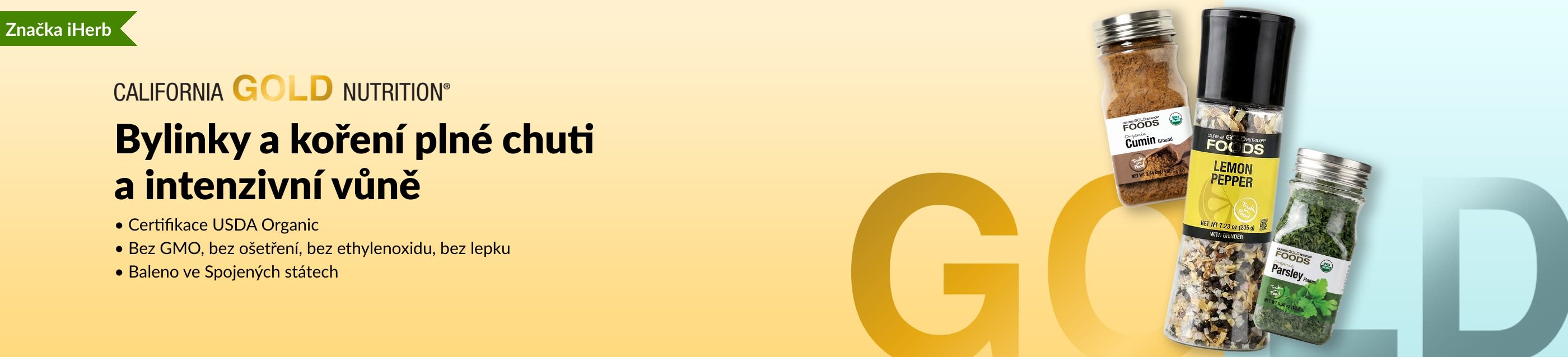 Banner značky California Gold Nutrition s bylinkami a kořením s lahvičkami kmínu, citronového pepře a petržele.