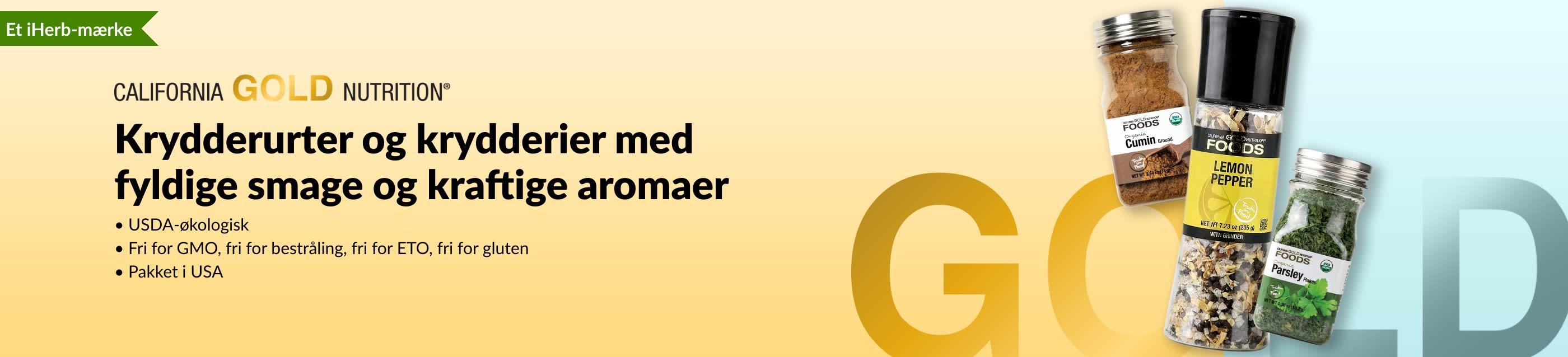 California Gold Nutrition urter og krydderier banner med spidskommen, citronpeber og persille.