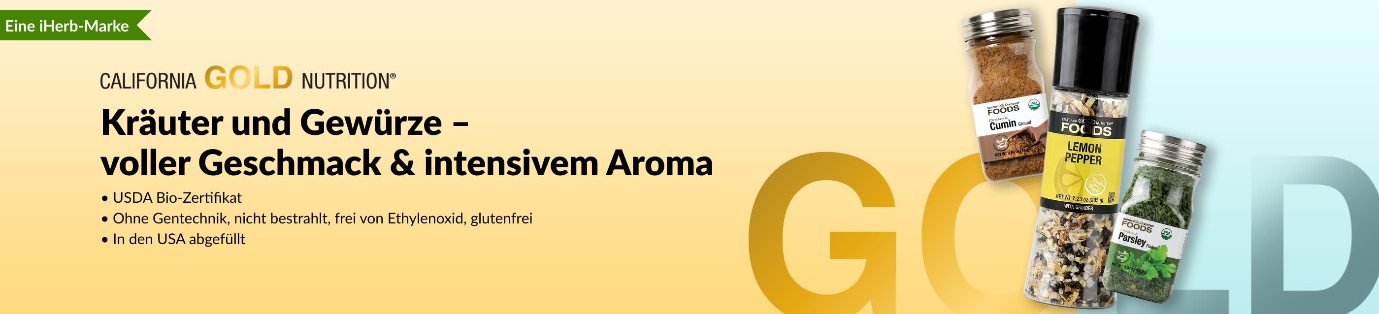 Banner von California Gold Nutrition mit Kräutern und Gewürzen, mit Flaschen mit Kreuzkümmel, Zitronenpfeffer und Petersilie.