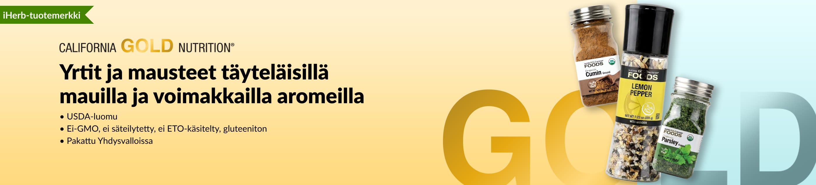 California Gold Nutrition -yrttien ja mausteiden banneri, jossa on juustokuminan, sitruunapippurin ja persiljan purkkeja.