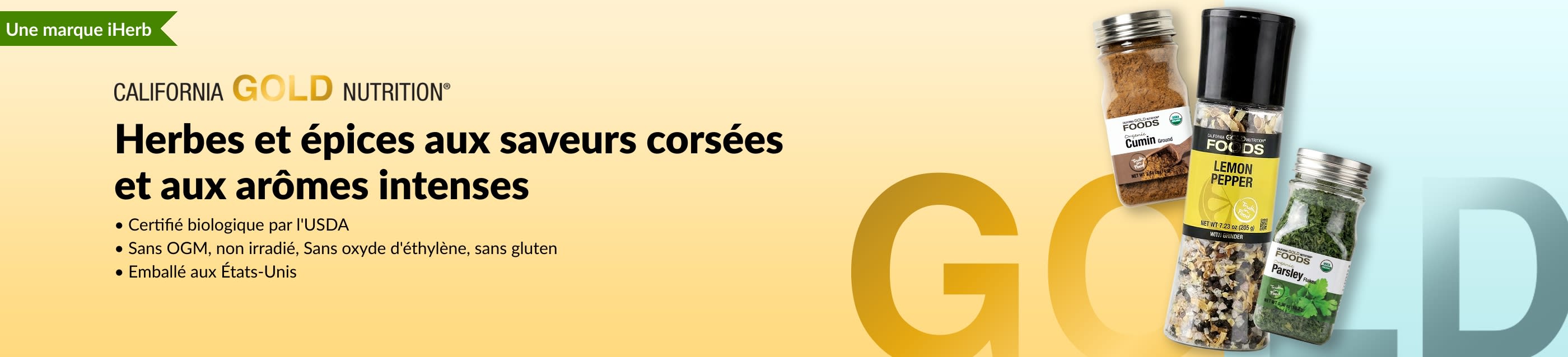 Bannière California Gold Nutrition avec des bouteilles de cumin, de poivre citronné et de persil.