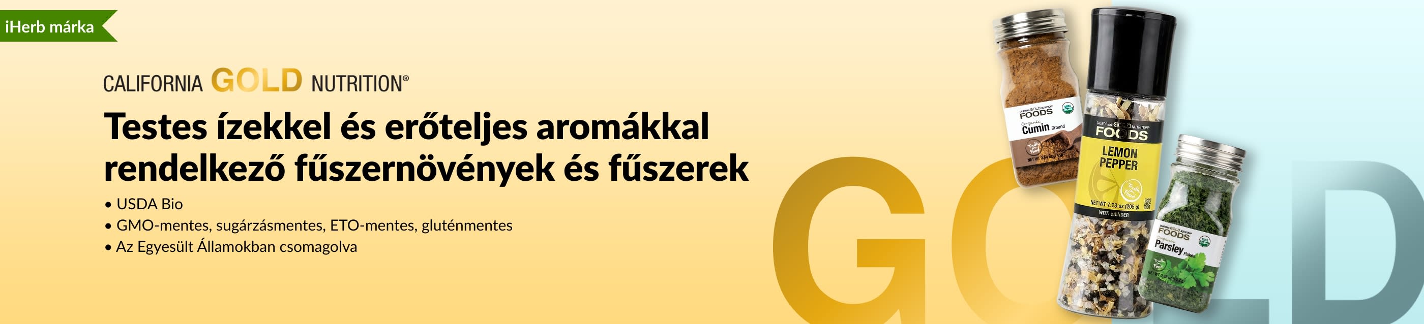 California Gold Nutrition fűszernövények és fűszerek banner köményes, citromborsos és petrezselymes üvegekkel.