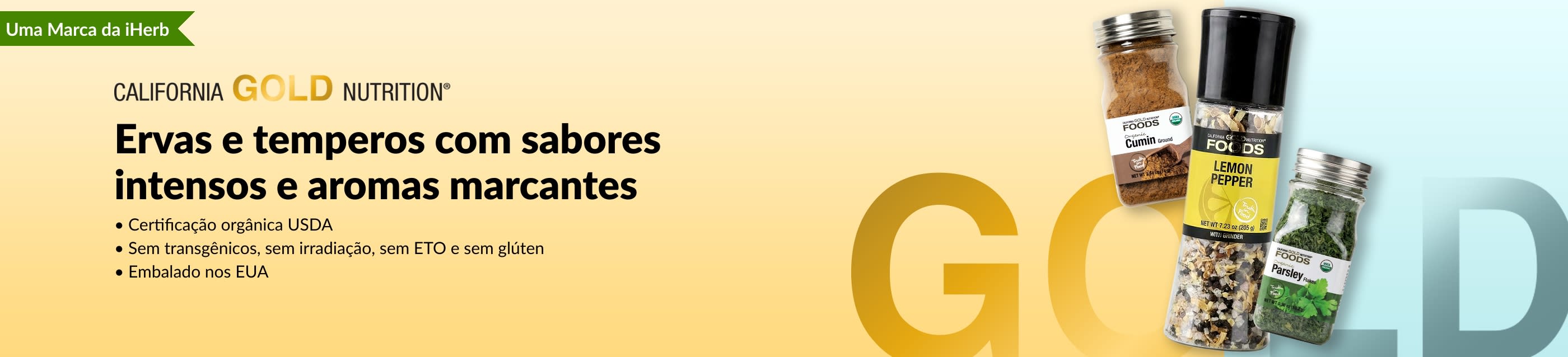 Banner de ervas e temperos da California Gold Nutrition, com frascos de cominho, lemon pepper e salsa.