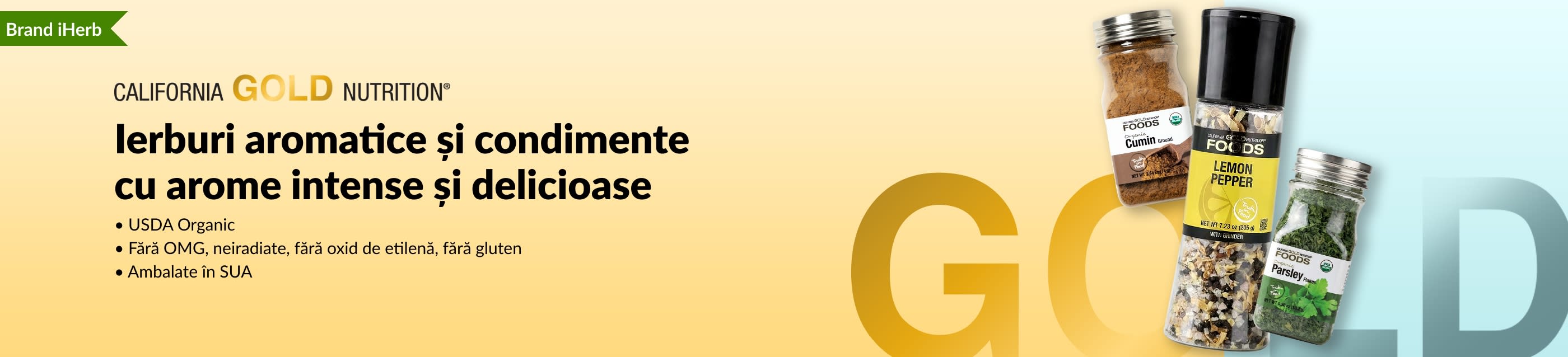 Banner cu ierburi aromatice și condimente California Gold Nutrition, cu sticle de chimion, piper și lămâie și pătrunjel.