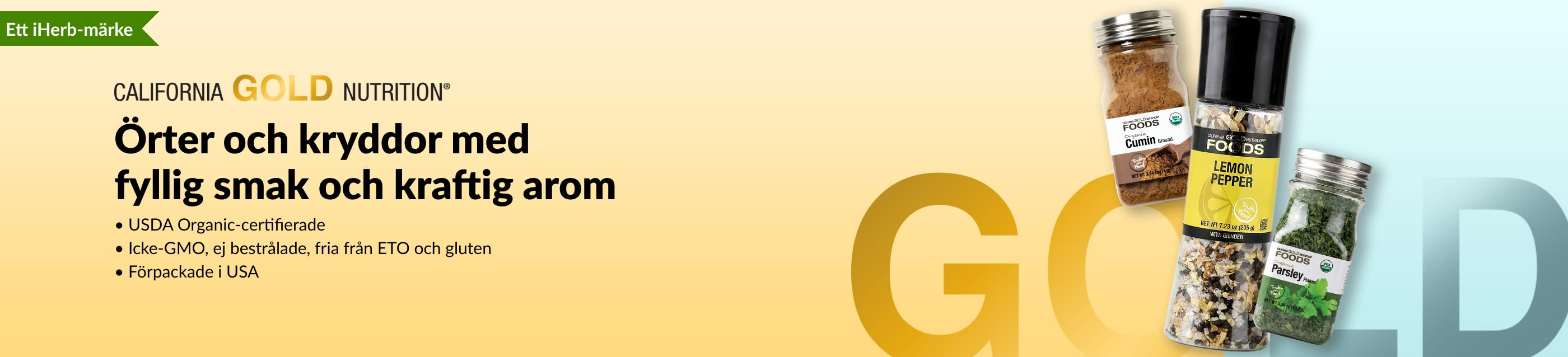 California Gold Nutrition-banner med örter och kryddor med burkar med kummin, citronpeppar och persilja.