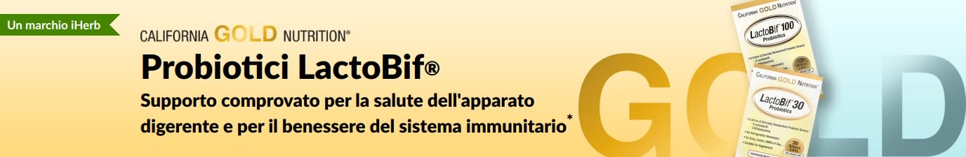 Probiotici LactoBif® di California Gold Nutrition, un integratore che offre un supporto provato per la salute dell'apparato digerente e il benessere immunitario*, disponibile in esclusiva su iHerb.
