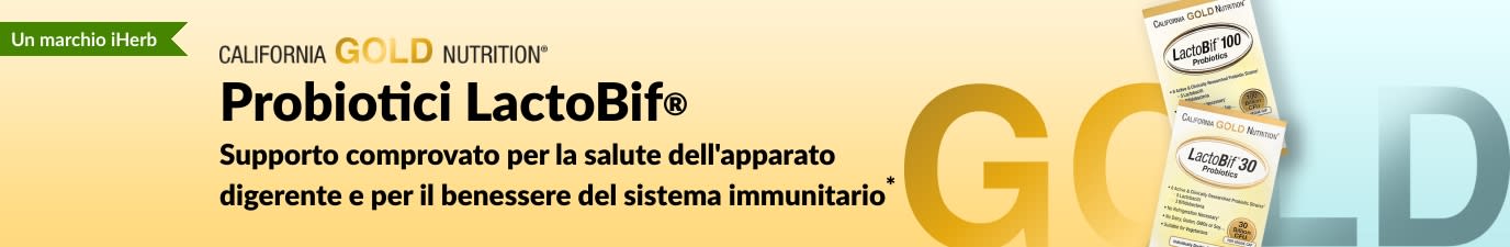 Probiotici LactoBif® di California Gold Nutrition, un integratore che offre un supporto provato per la salute dell'apparato digerente e il benessere immunitario*, disponibile in esclusiva su iHerb.