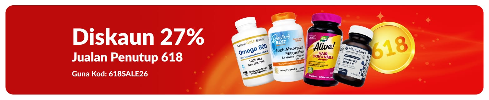 Sepanduk mempromosi diskaun 27% sempena Jualan Penutup 618, menampilkan produk suplemen.